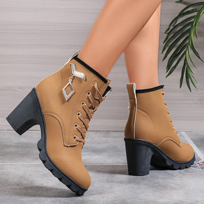 Women's Chunky Heeled Ankle Boots Metal Decoration High Heels Booties Woman 2024 Autumn Lace Up Platform Short Boots Plus Size