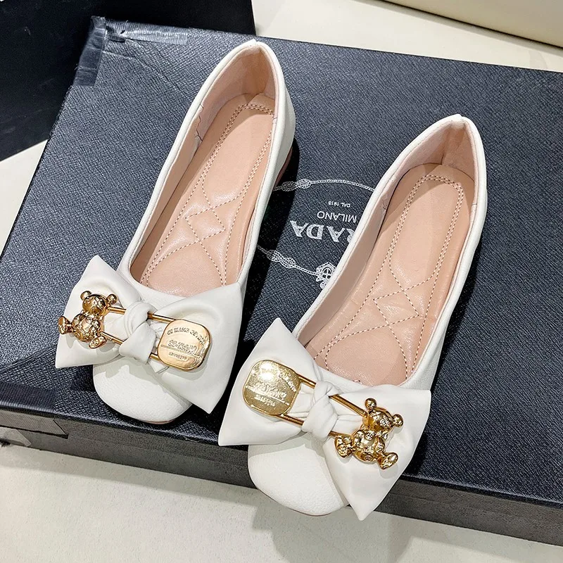 Sweet Butterfly-knot Design Women Flats Solid Color Leather Woman Shoes Ladies Soft Sole Square Toe Slip-on Casual Shoe