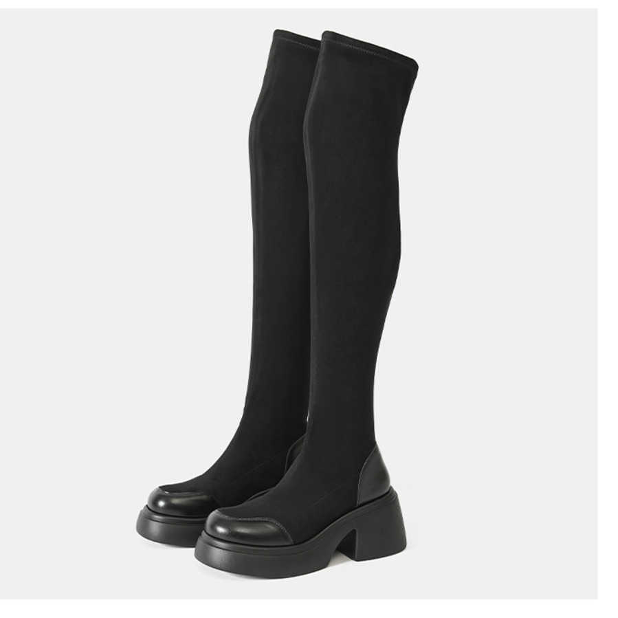 Thick Soled Black Elastic Knee High Boots For Women Autumn Winter Girls Look Thin And Slim Legs Long Tall Stocking Boots 240826
