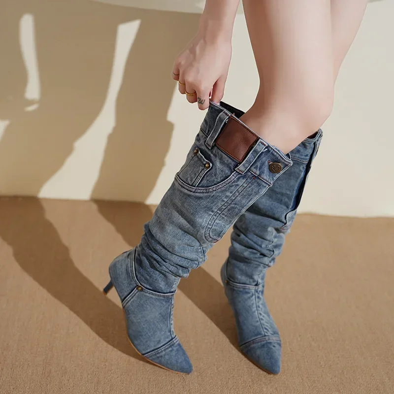 Pointed Toe Knight Women Retro Brown PU Leather Knee High Boots Woman Autumn Winter Western Cowboy Long Botas Mujer