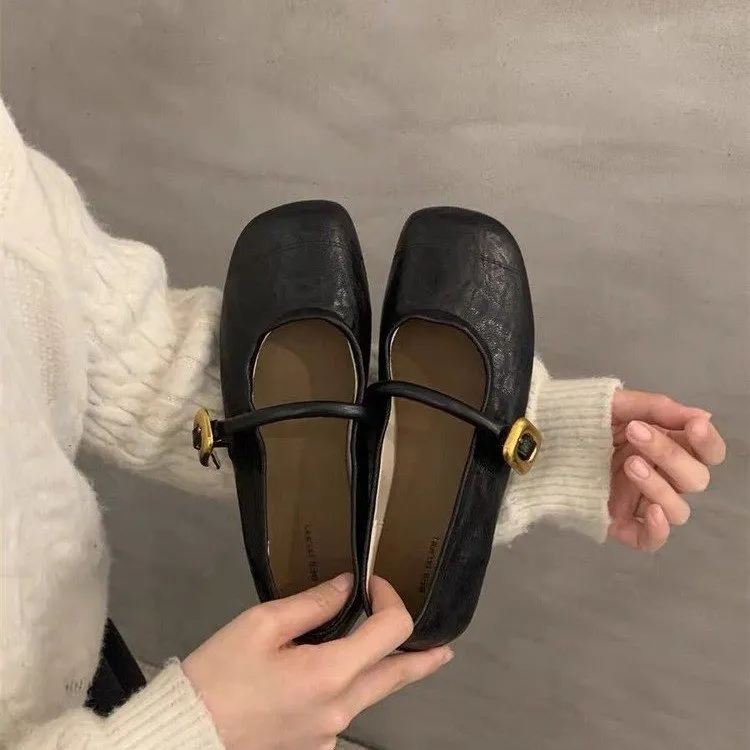 2025 new Black French Square Toe Flat Single Shoes Women's New Summer Mary Jane Shoes zhanyishengli