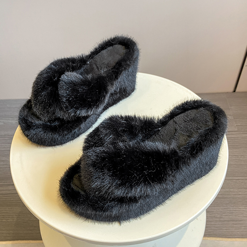 Autumn and Winter New Fashion Platform Slippers for Women Round Head Open Toe Fur Thickened Warm Wedge Cotton Sandals