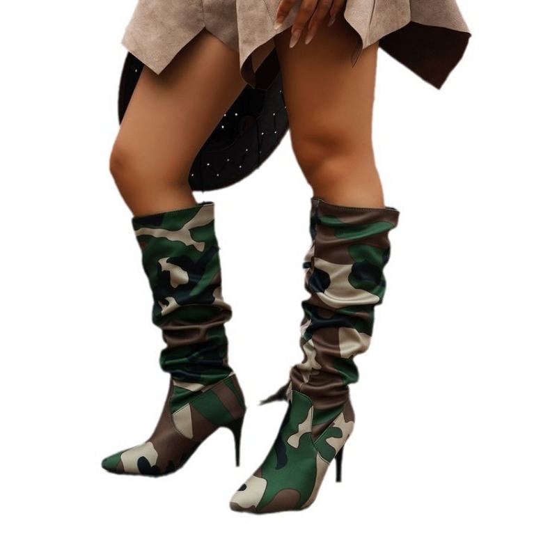 Fashion Brand Spring 2024 New Camouflage High Heels Women Shoe Personality Mid rise Boot 20c6