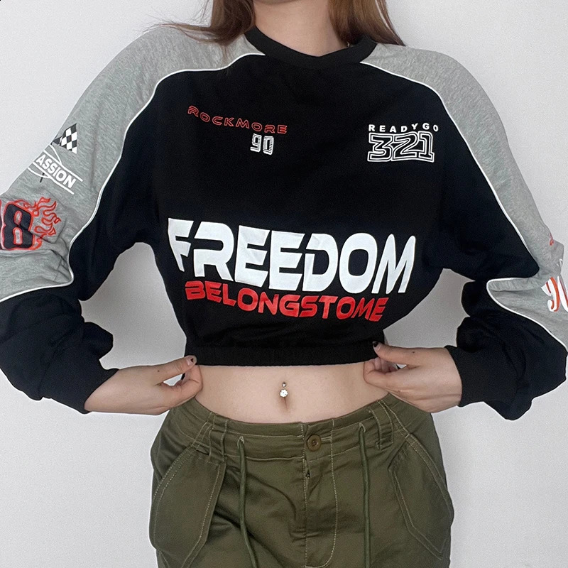 BIKPIIK Fashion Contrasting Letter Print Moto Biker Womens Hoodies Street Clothing OCollar Full Set Floral Casual Sports Parachute 240814