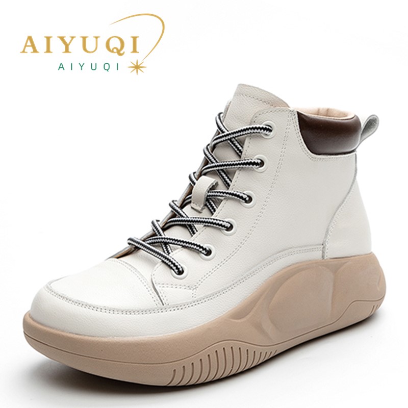 AIYUQI Women Winter Shoes Boots 2024 New Genuine Leather Strappy Women Sneaker Boots Casual Flat Yellow Women's Short Boots