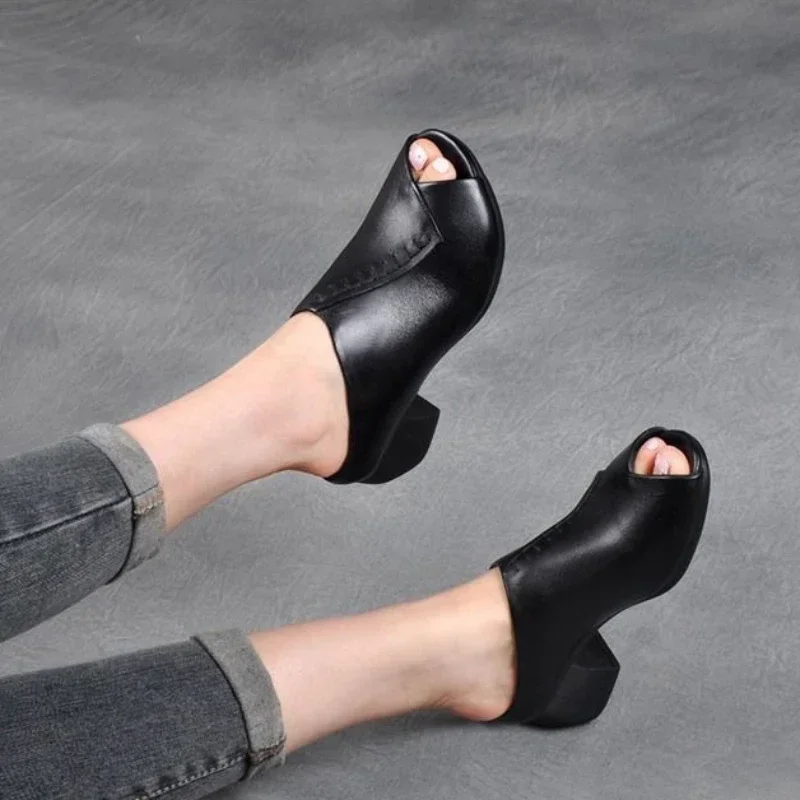 Thick-heeled Soft Leather Slippers Fish Mouth Womens Sandals Comfortable Versatile Women Shoe Platform Wedges Zapatillas De Casa