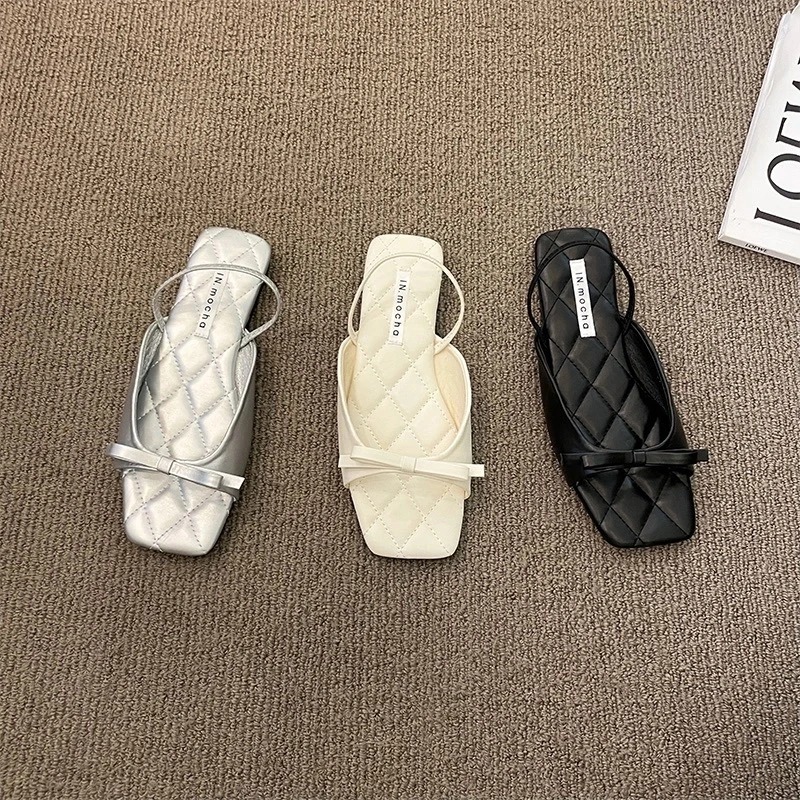 2025 new Women Sandals New Trend Flat Sole Slippers In Summer Black Square Head Comfortable Women's Bowknot Vacation Beach Shoes e5bd 's