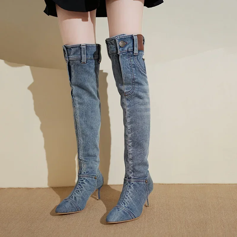Pointed Toe Knight Women Retro Brown PU Leather Knee High Boots Woman Autumn Winter Western Cowboy Long Botas Mujer