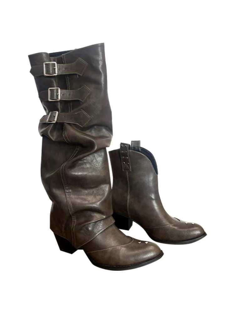 Western Cowboy Martin Boots For Women With Belt Buckles Pleated Pile Fashion Boots High Pointed Knight Boots Slim And Long Boots 240826