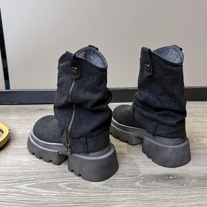 New Denim Breathable Ankle Boots Women 2024 Autumn Chunky Heel Non-slip Platform Boots for Women Fashion Zip Design Biker Boots