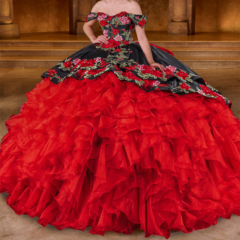Red Mexican Princess Quinceanera Dresses Off Shoulder Embroidery Floral Applique Tull Tiered Corset vestido 15 anos quinceanera Sweet 16