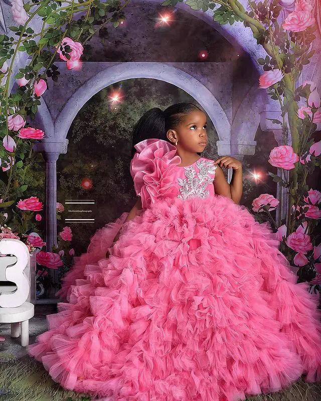 Princess Pink Flower Girls Dresses For Weddings Party Ruffles Floral Lace Appliques Brithday Party Kids Formal Wear Sleeveless Long Pageant Dress
