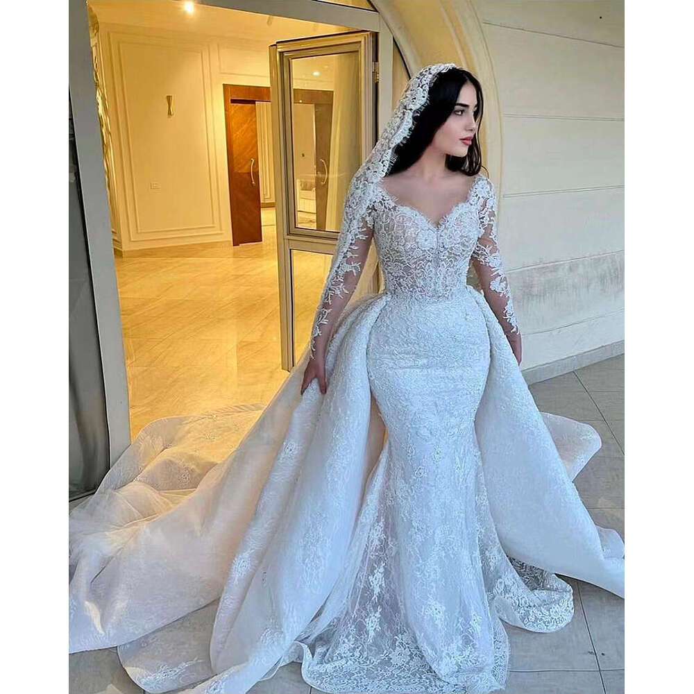 Mermaid Wedding Romantic With Detachable Train Lace Long Sleeve Two In One Bride Dress Convertible Church Bridal 6660306