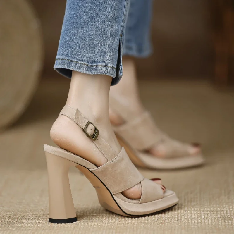 Women Heels Sandals Square Toe Thick Heeled Pumps Elegant Back Strap Black Leather Shoes 39 40 Sizes Outside 7924