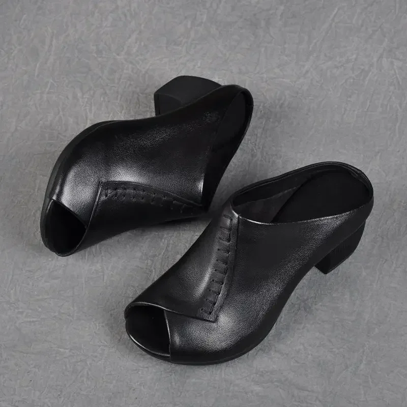 Thick-heeled Soft Leather Slippers Fish Mouth Womens Sandals Comfortable Versatile Women Shoe Platform Wedges Zapatillas De Casa