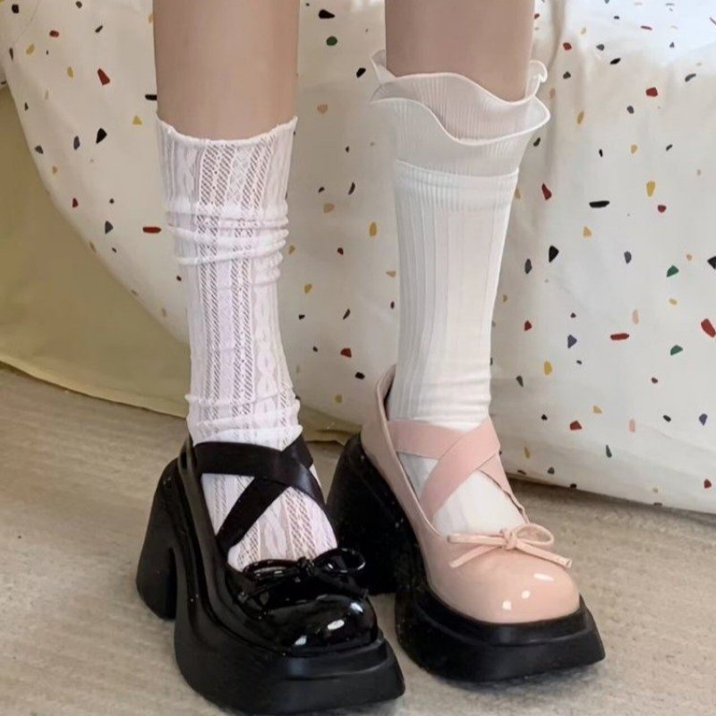 Bowknot Sweet Platform Mary Janes Women New Cross Strap Thick Single Shoes Ladies Buckle New Patent Leather Lolita Pumps 2548