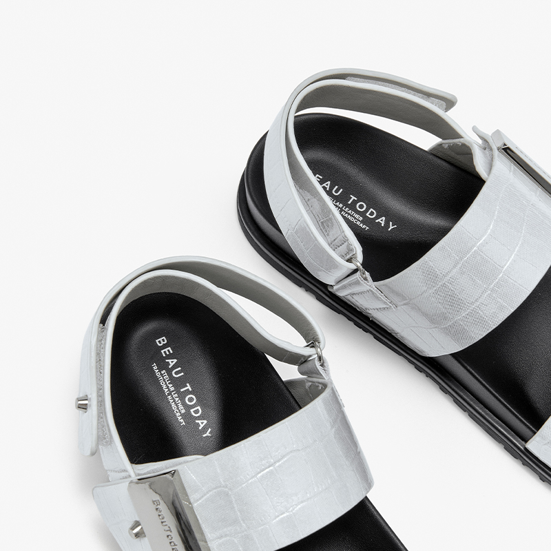 BEAUTODAY Leisure Sandals Women Solid Color Open Toe Metal Buckle Embossing Design 2024 Summer Beach Ladies Flats Handmade 34609