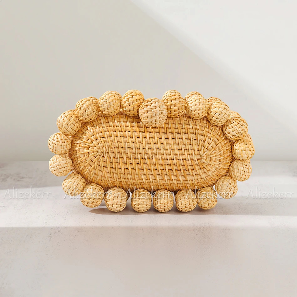 Alizekerr Beaded Beach Clutch Bags Women Boutique Elegant er Hand Woven Rattan Handbag Bohemian Summer Holiday 240903
