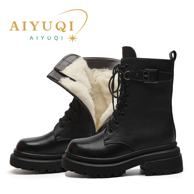 AIYUQI Ladies Boots Genuine Leather Non-slip Large Size Women Winter Boots British Style Comfortable Wool Women Snow Boots