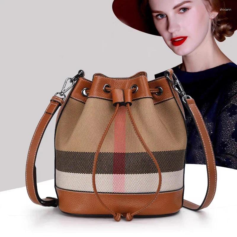 Free Shipping Drawstring The Latest Style Of Checkered Pattern Women's Single Shoulder Crossbody Bag With High-quality Canvas And Cowhide Bucket