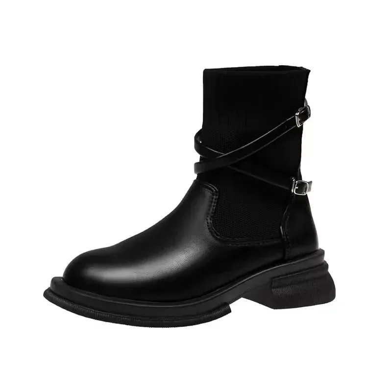 Female 2024 Ankle Women's Classics Modern Boots Stretch Slip on Round Toe Low Heel Belt Buckle Shoes Women