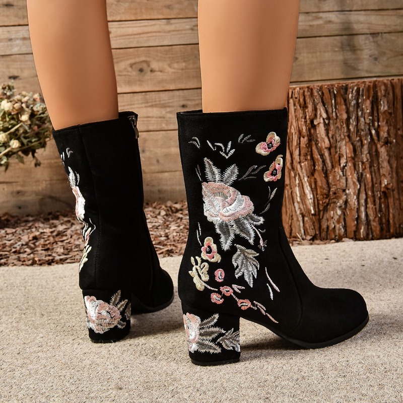 Women's Ankle Boots High Autumn And Winter Warm Cotton Shoes Women Suede Mid-heel Embroidered Mid-tube Booties Woman 40