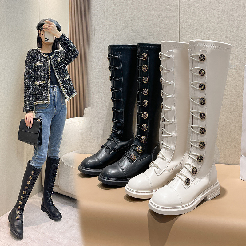 2025 Winter Stovepipe Long Boots Woman Knee High Motorcycle Shoes Lady Medal Button Stretch Tied Patchwork Leath 7f4e