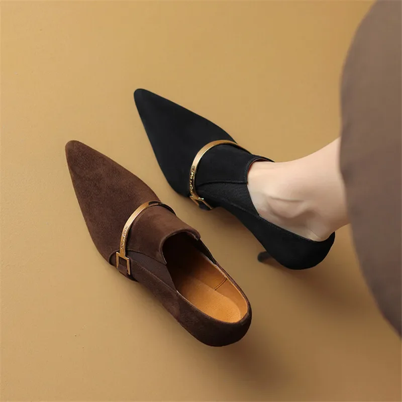 New 2024 Spring Sheep Suede Pointed Toe Pumps Shoes for Women Deep Mouth New Loafers High Heels atos De Mujer 8f97