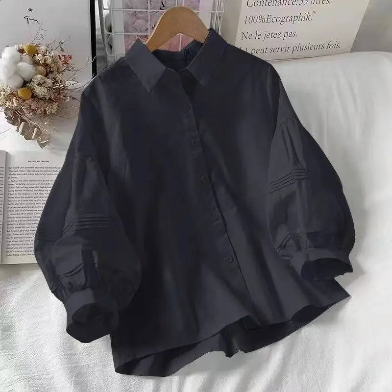 Puff sleeve womens white lapel preparatory style chic top Korean fashion full matching simple summer shirt 240814