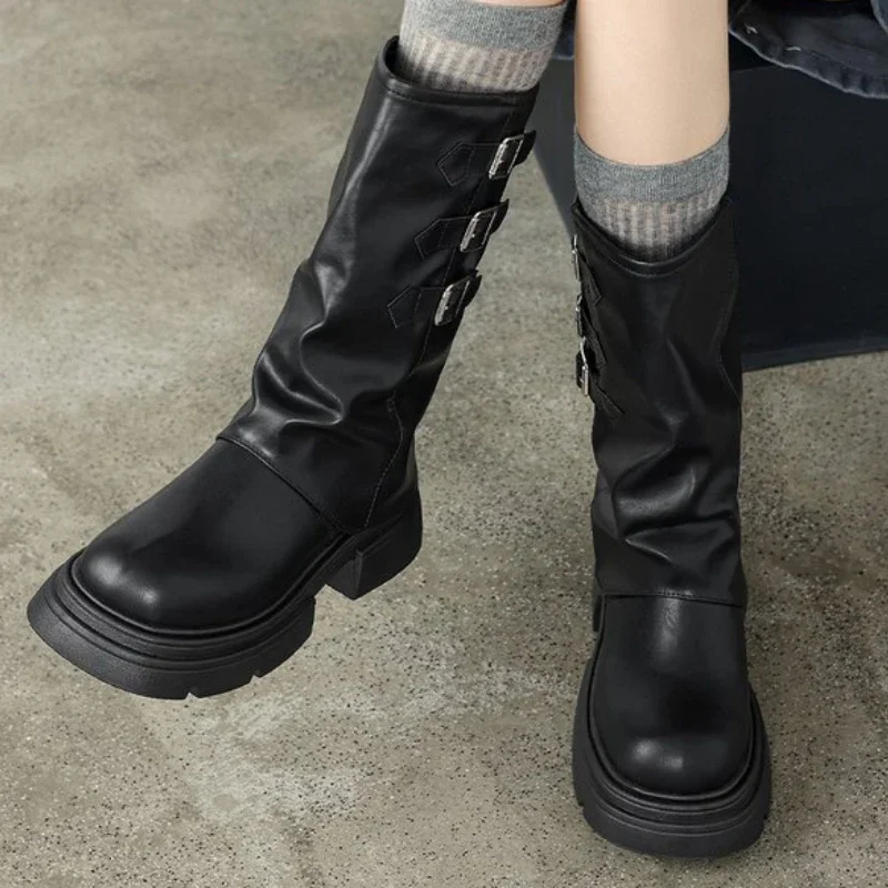 Winter 2024 Cowboy for Women Fashion Belt Buckle Long Boots Female Elegant Square Heel Women's Knight Bootties 70ed 's