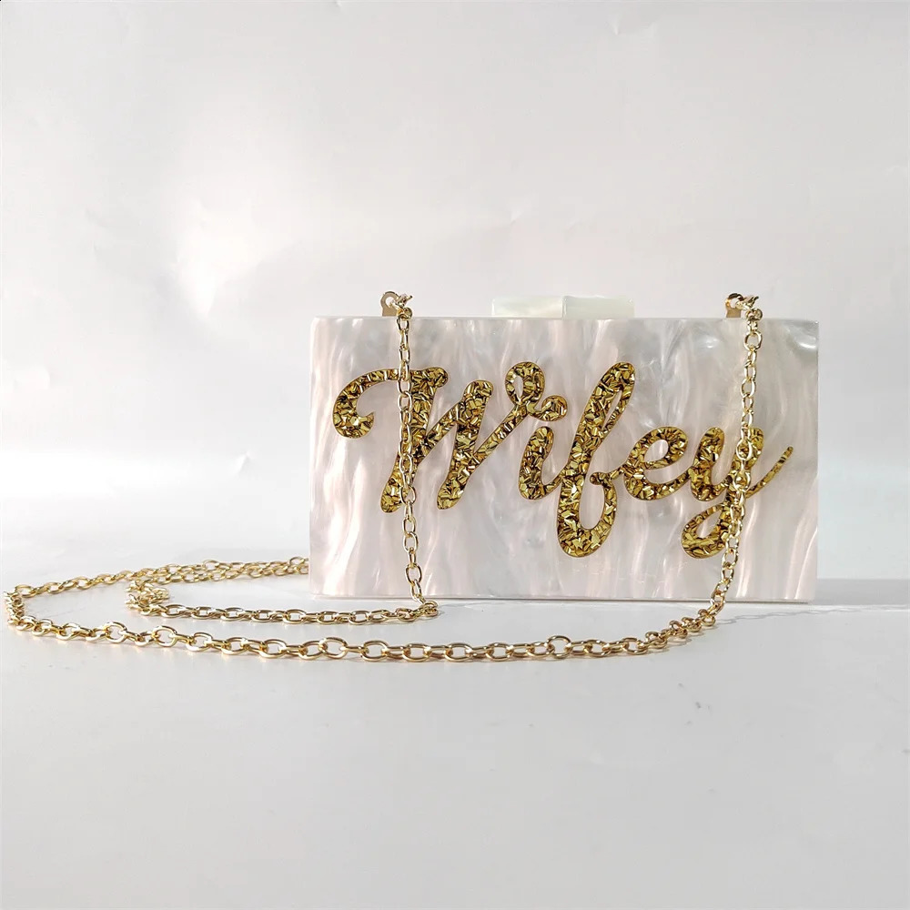 Pearl White Gold Glitter Letter Name Wifey Wedding Party Purse and Handbag Handbags Women Bags e Womens Clutch Bag 240903