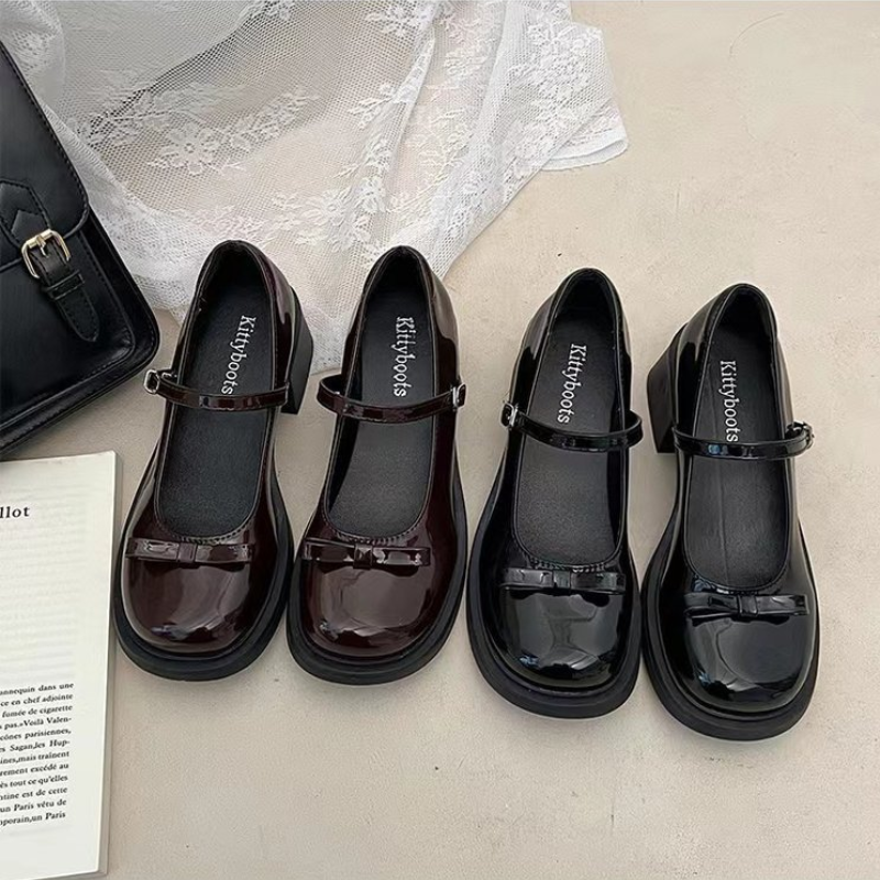 2025 new Jane Mary Vintage Bow Black Pumps Woman Buckle Non-Slip Casual Medium Heels Office Ladies Solid Elegant Dress Shoes 1af2