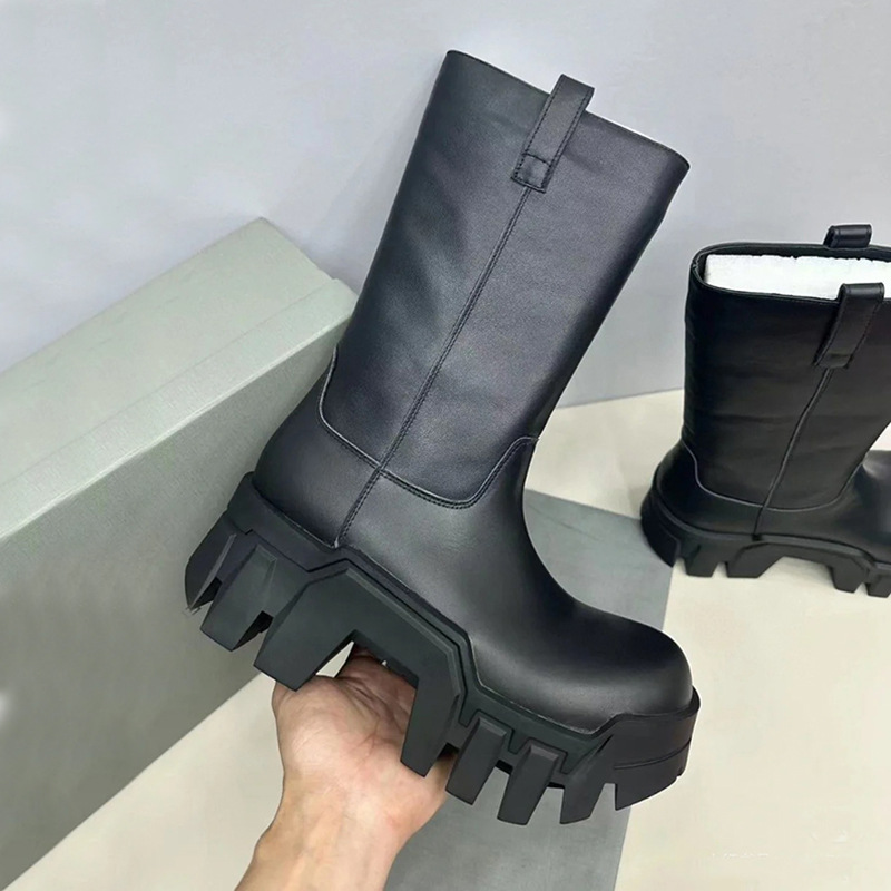 Mid Calf NEW Women Platform Ladies Leather Chunky Winter Shoes Thick Heel Brand Designer Motorcycle Boots 5c97