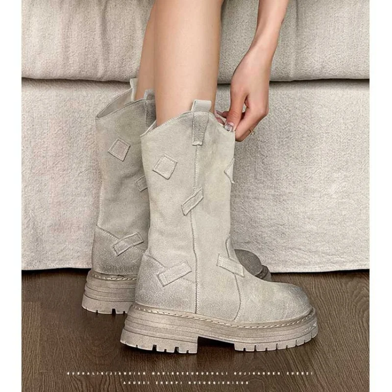 Western Women Retro Cowboy Boots Autumn New Mid-calf Round Toe Shoes Outdoor Non-slips Designer Botas Ankle Flats Muje