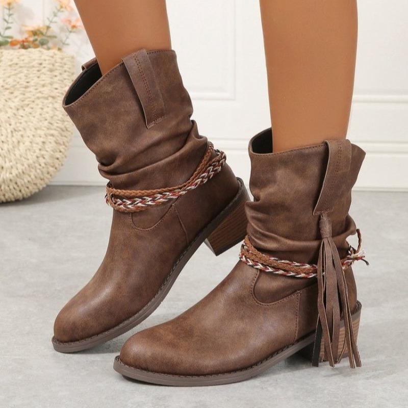 Cowgirl Retro Flat Heel Women Western Vintage Patchwork Tassel Braided Short Boots Casual Brand New Washed Shoes 50a6