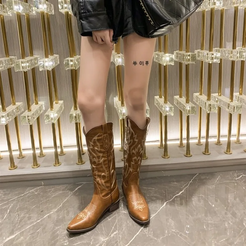 2023 Autumn/Winter Western Cowboy All-in-one Adult Women's Embroidered Sleeve Rider Motorcycle Mid-calf Boots 16ae