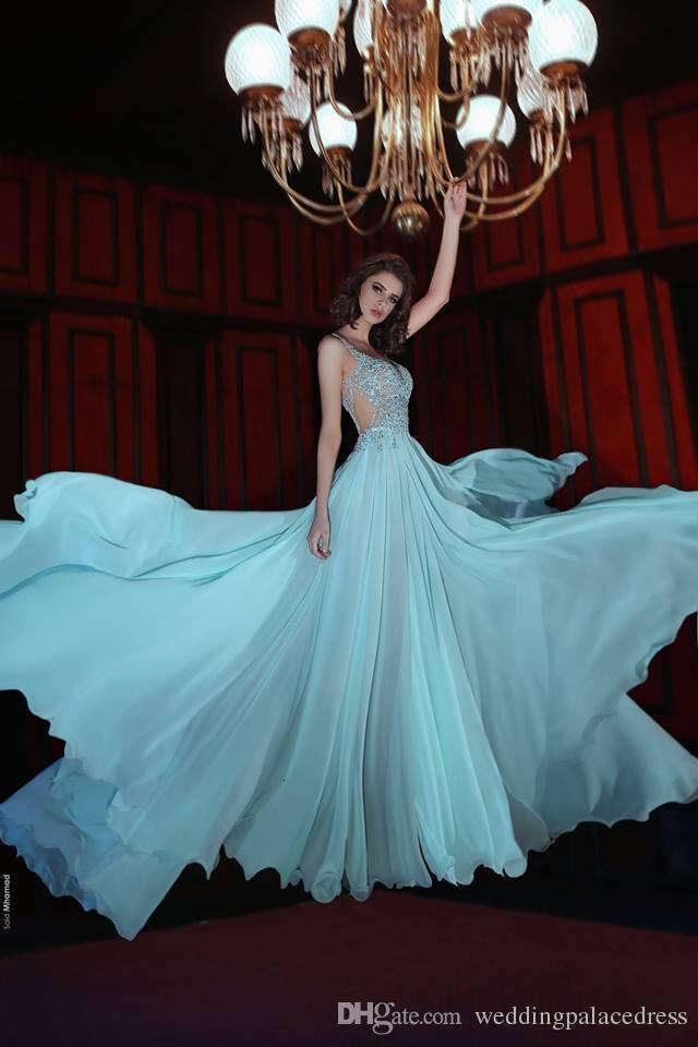 New Ice Blue Said Mhamad Sweetheart Evening Spaghetti Straps Beaded Crystals Pleats Formal Prom Dresses Youseljasmi Custom