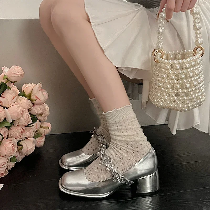 Designer Pearl Square Toe Mary Jane Shoes Women 2024 Sweet Bow Solid New Color Shallow Mouth Outdoor Party Dress High Heels e49e