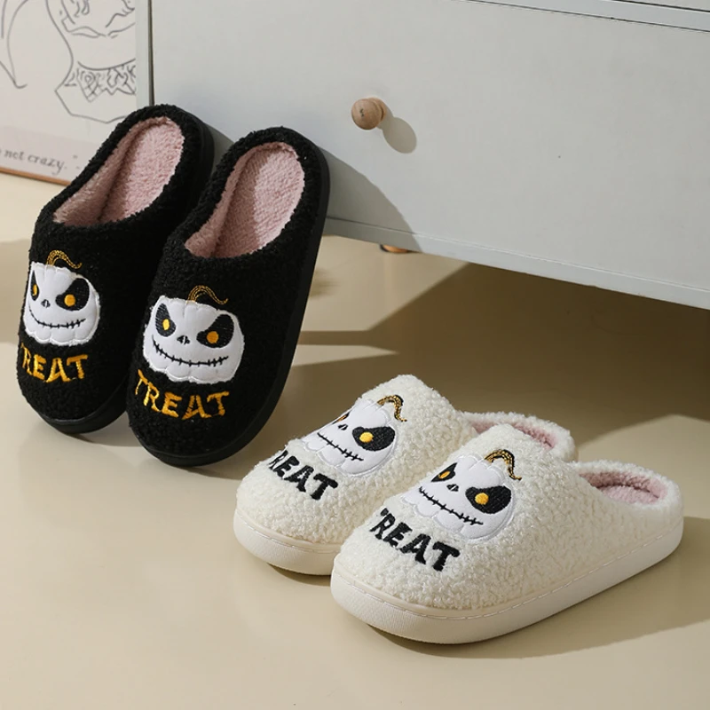 New Halloween Cute Cartoon Pumpkin Warm Furry Cotton Slippers Fashion Soft Sole Couples Home Indoor Cotton Shoes