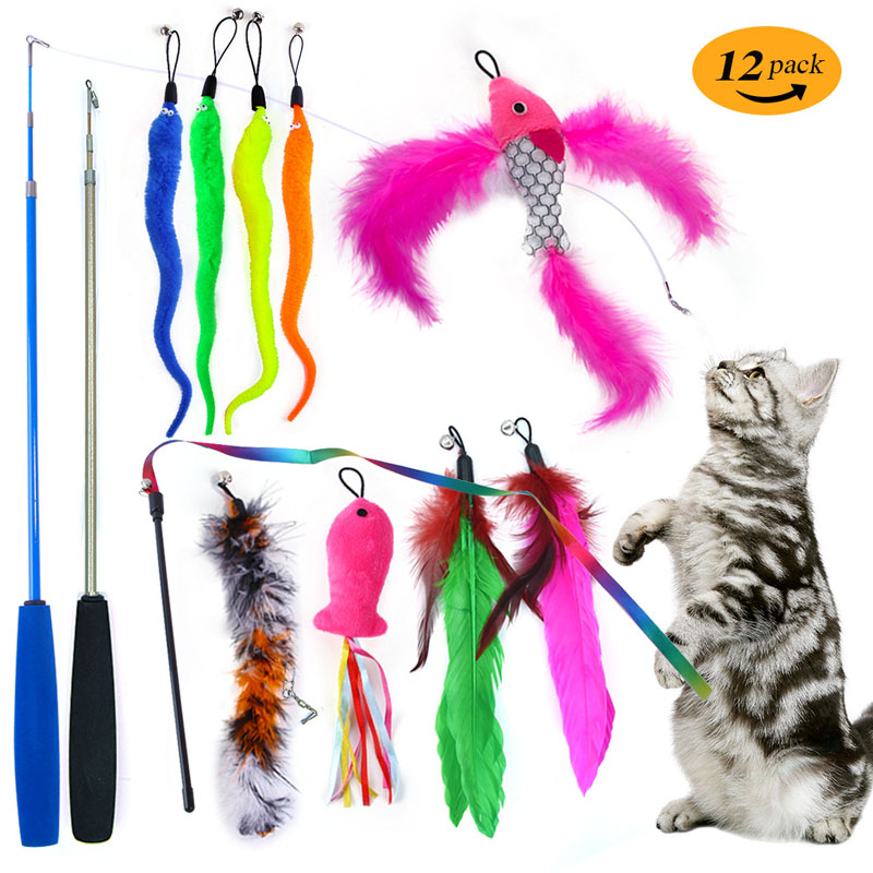 Funny Cat Toy Set Interactive Cat Teasing Stick Feather Replacement Head Adjustable Three Section Fishing Rod Pet Supplies