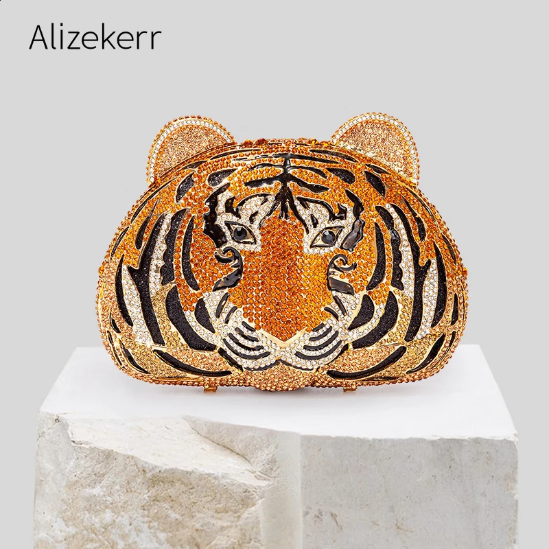 Three-D Tiger Head Crystal Evening Clutch Bags For Wedding Party Metal Rhinestone Novelty Purses And Handbags er 240903