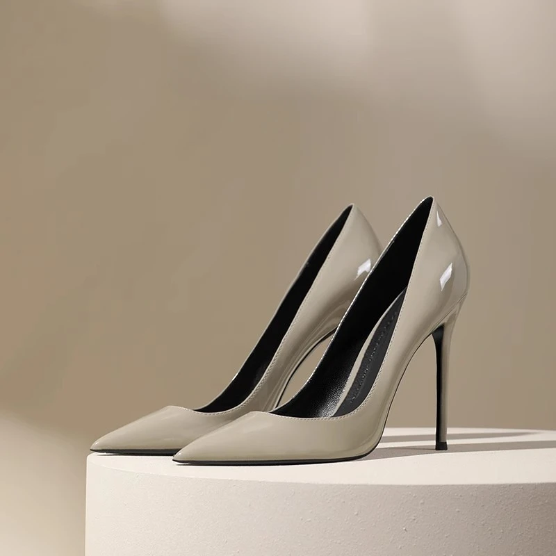 Pointed High Heels Women's 2024 Spring New Grey Elegant Skirt Thin Heel Professional Commuting Leather Shallow Mouth Shoe