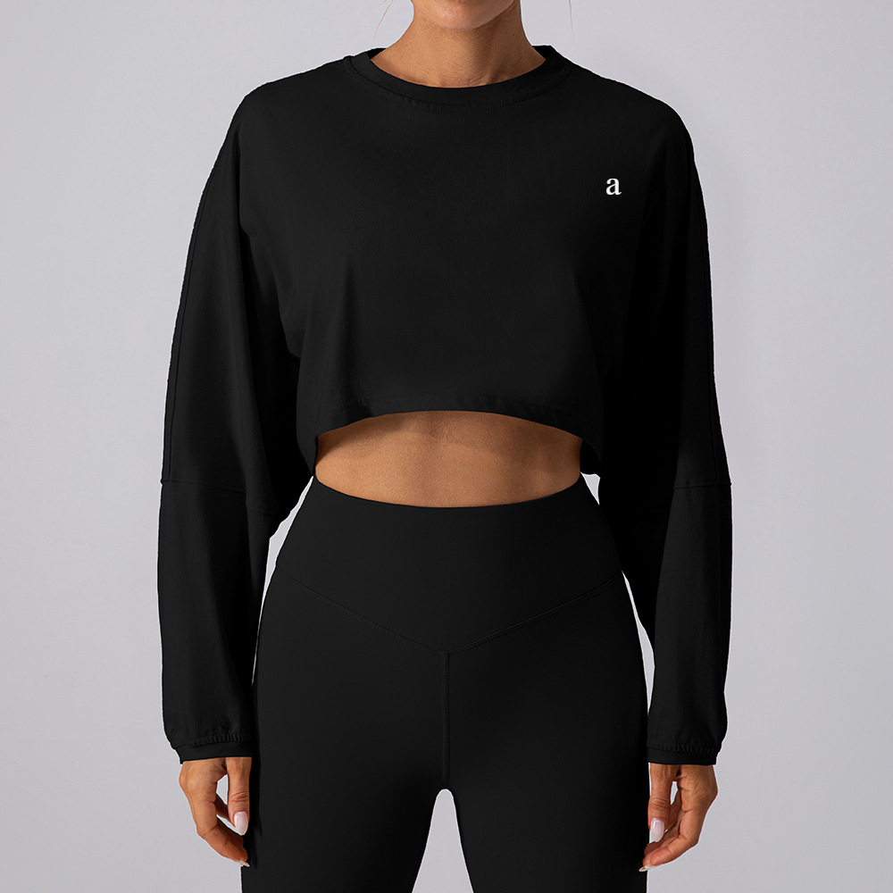 A488 Crew Neck Sweater Shirts Sports Short Bottoming Shirt Yoga Running Loose Long Sleeve Loose Top Women
