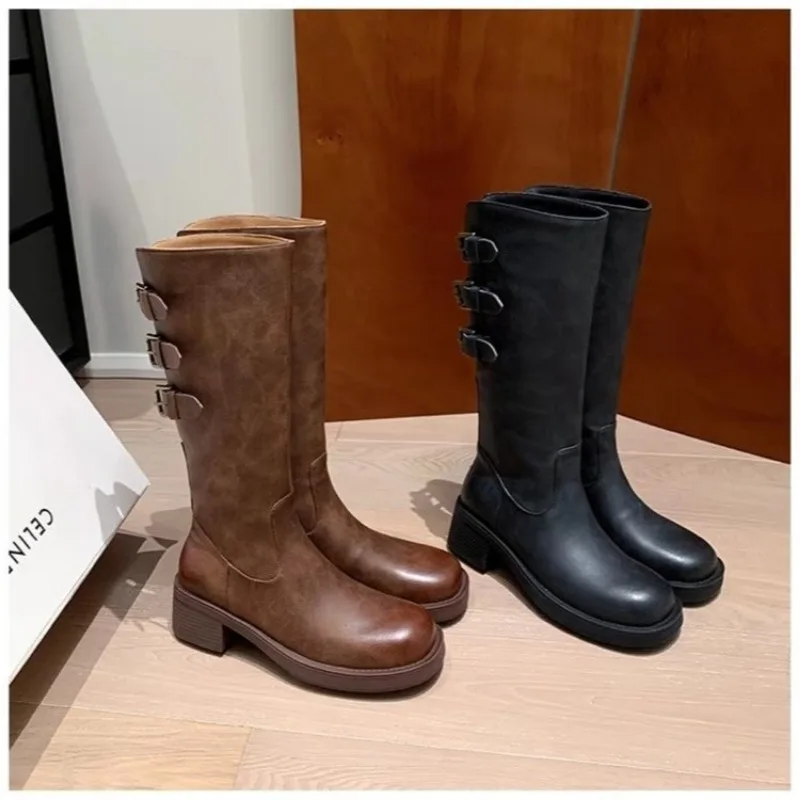 Knee High Boots Winter New New 2025 Fashion Designer Mid Heels Women Shoes Platform Motorcycle Botas Mujer Invierno