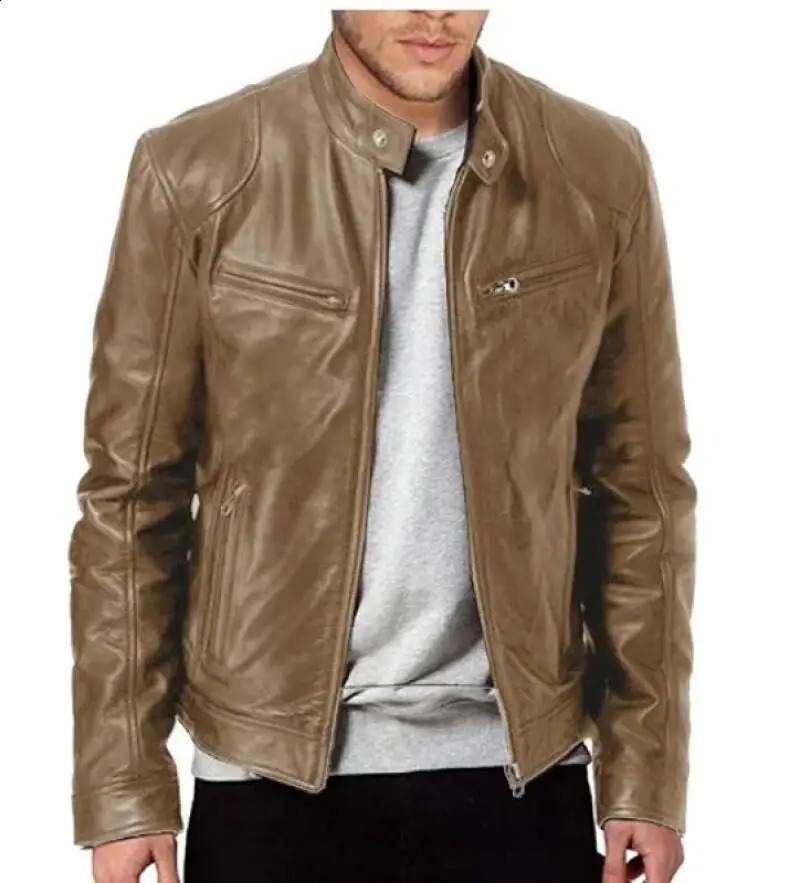Fashionable mens leather jacket ultrathin fit stand collar PU windproof motorcycle lapel diagonal zipper 240904