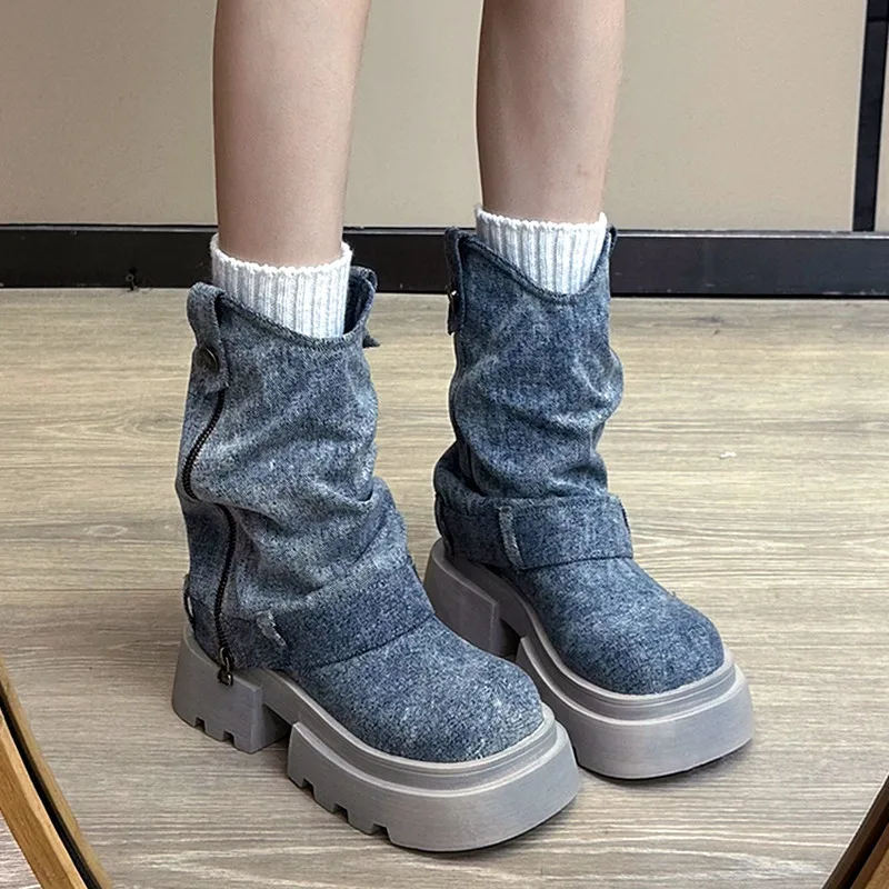 New Denim Breathable Ankle Boots Women 2024 Autumn Chunky Heel Non-slip Platform Boots for Women Fashion Zip Design Biker Boots