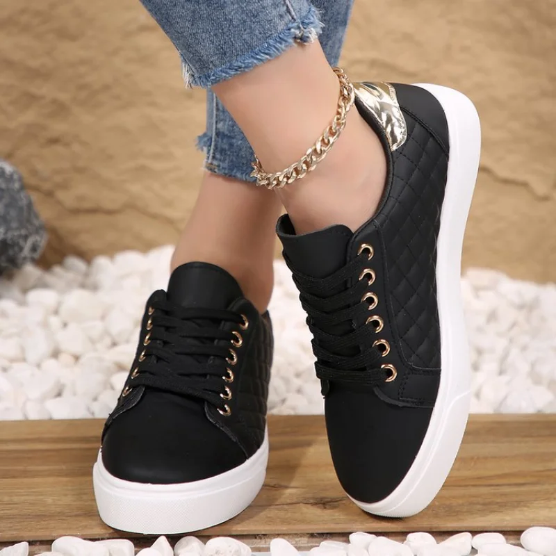 35-41 Women Size White Sneakers 2024 Spring Autumn Womens Fashion Black Lace-up Soft Soled PU Leather Ladies Casual Shoes 2a09 s