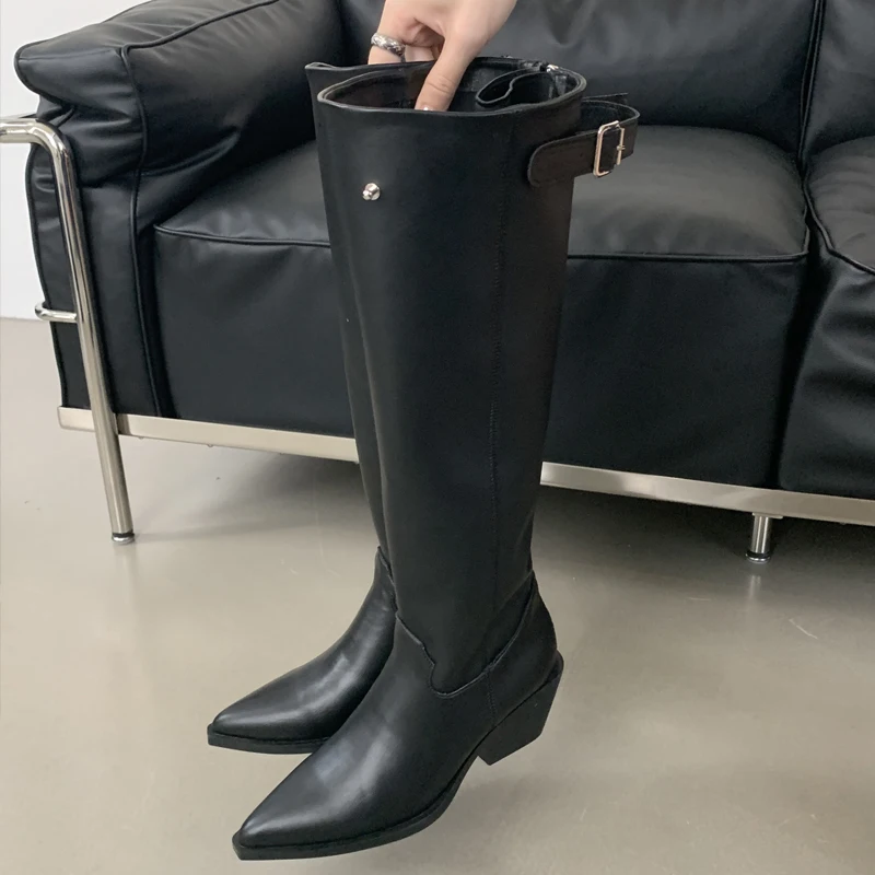 2024 Winter Belt Buckle Pointed Toe Women Knee-High Boots Fashion Vintage Square Low Heels Ladies Shoes