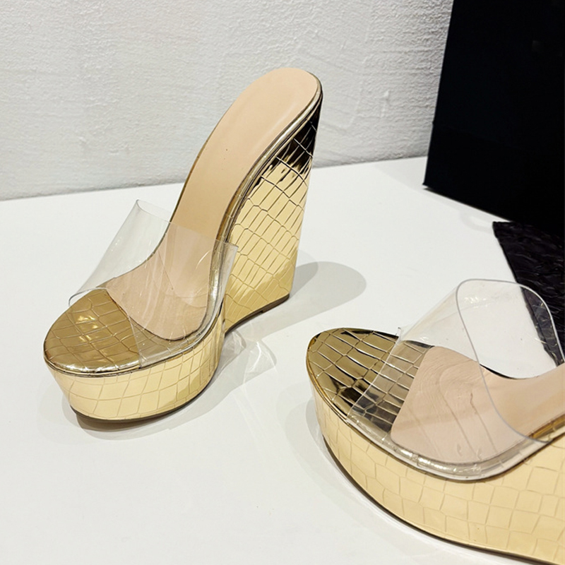 PVC Liyke Transparent Shoes For Women Platform Wedges Slippers Wide Band Round Head Open Toe Gold High Heels Summer Sandals e4fe e58