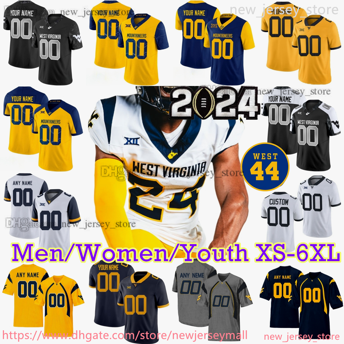 2024 Custom S-6XL NCAA West Virginia Mountaineers Football Jersey 1 Tavon Austin 7 Will Grier Kevin White Geno Smith Garrett Greene Sam James Donaldson Jr.- All Stitched